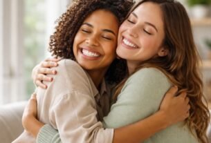 Duas pessoas se abraçando em gesto de gratidão e agradecimento.