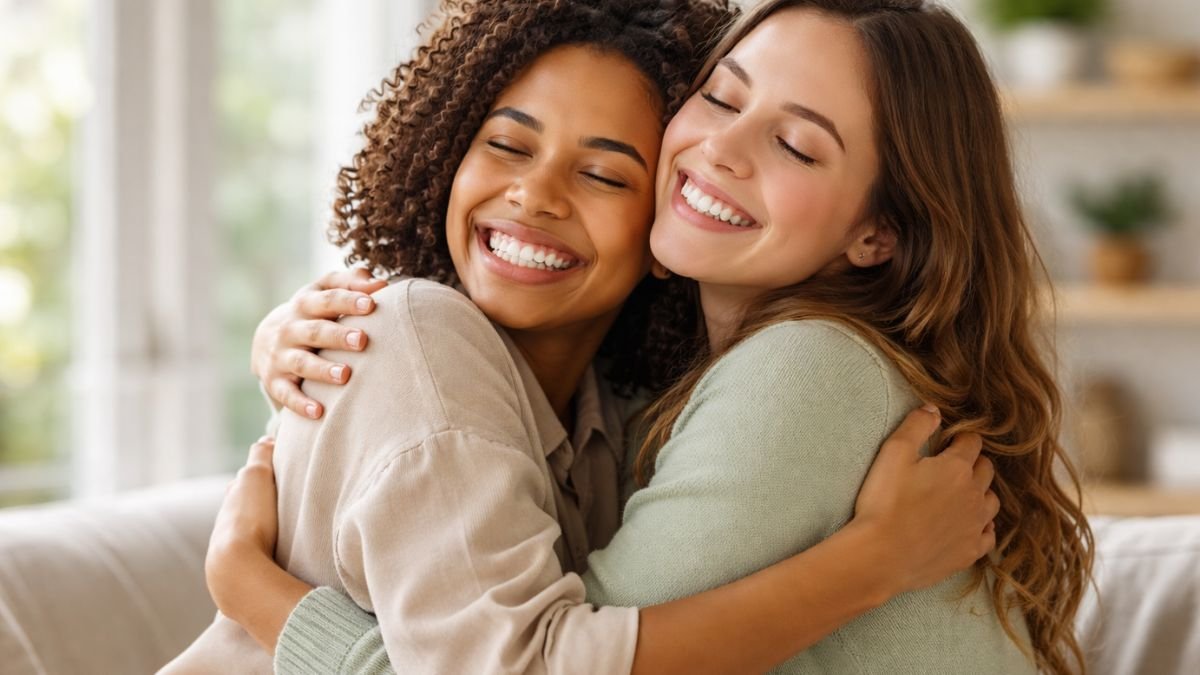 Duas pessoas se abraçando em gesto de gratidão e agradecimento.