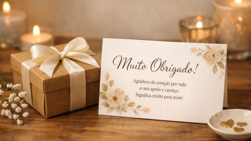 Presente com cartão contendo mensagem de gratidão.