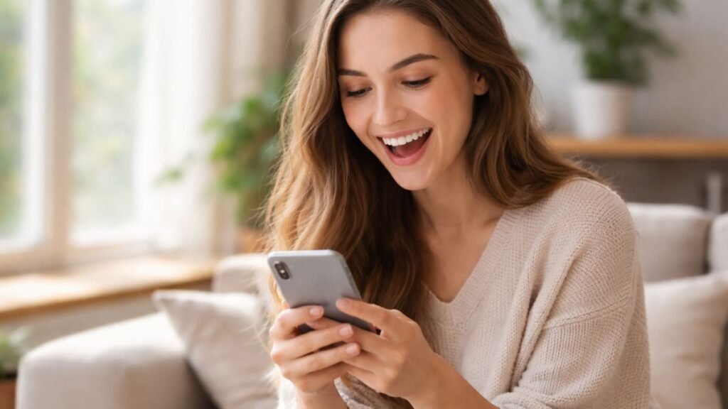 Pessoa sorrindo ao ler uma mensagem de gratidão no celular.