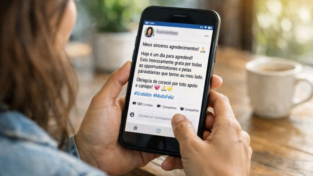 Pessoa compartilhando mensagem de gratidão nas redes sociais.