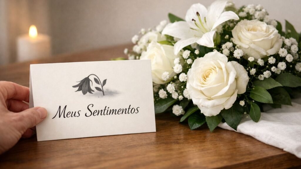 Cartão com mensagem de luto ao lado de flores.