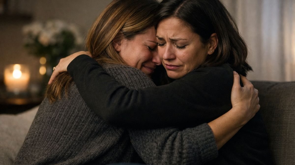 Duas pessoas se abraçando em gesto de apoio representando uma mensagem de luto.