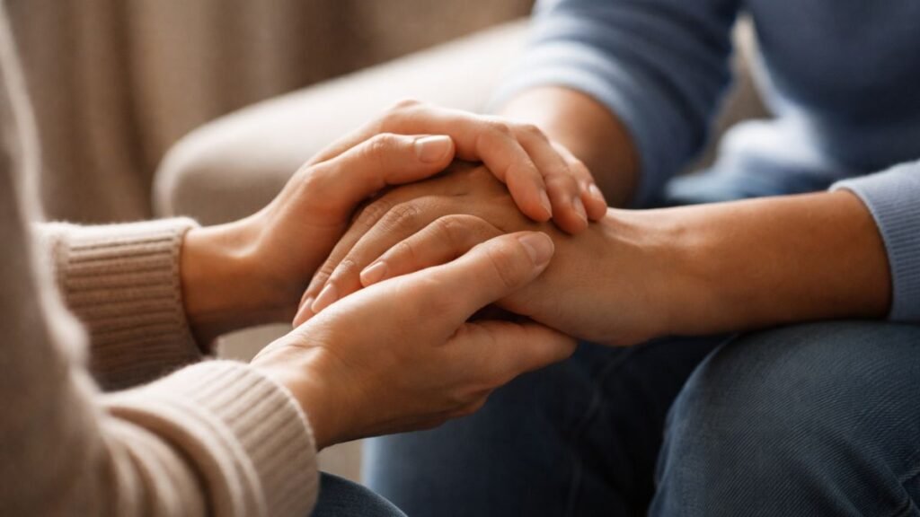 Pessoa oferecendo apoio segurando a mão de alguém em luto.
