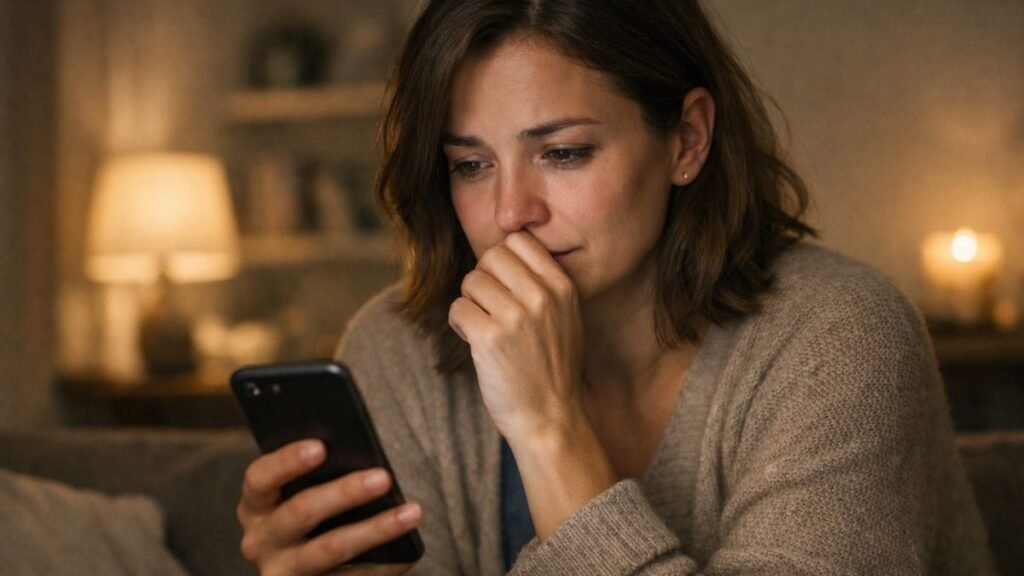 Pessoa lendo uma mensagem de luto no celular.