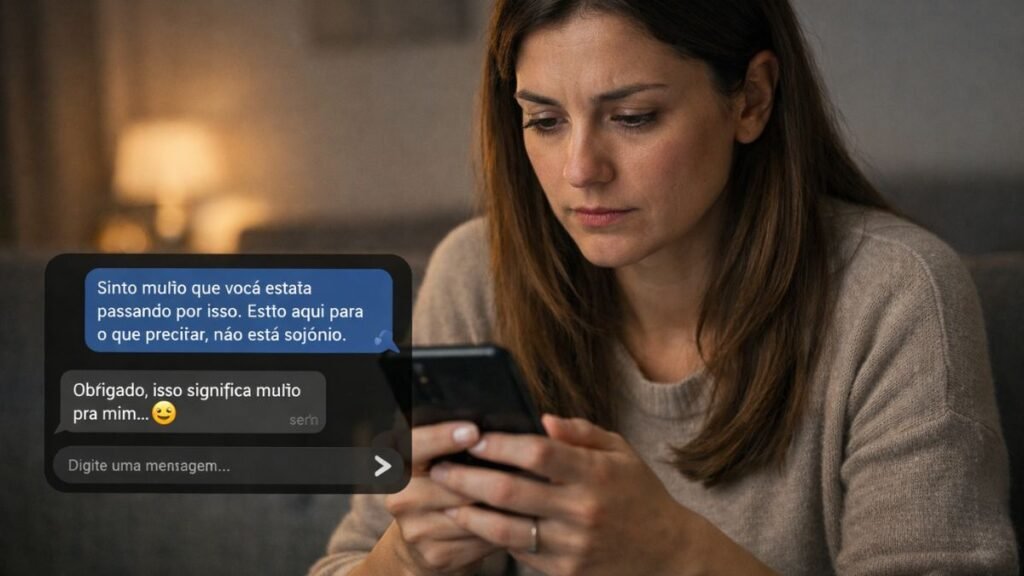 Pessoa enviando mensagem de luto pelo celular.