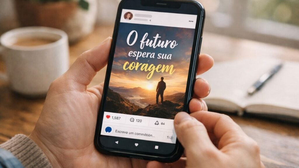 Pessoa publicando mensagem de motivação nas redes sociais.