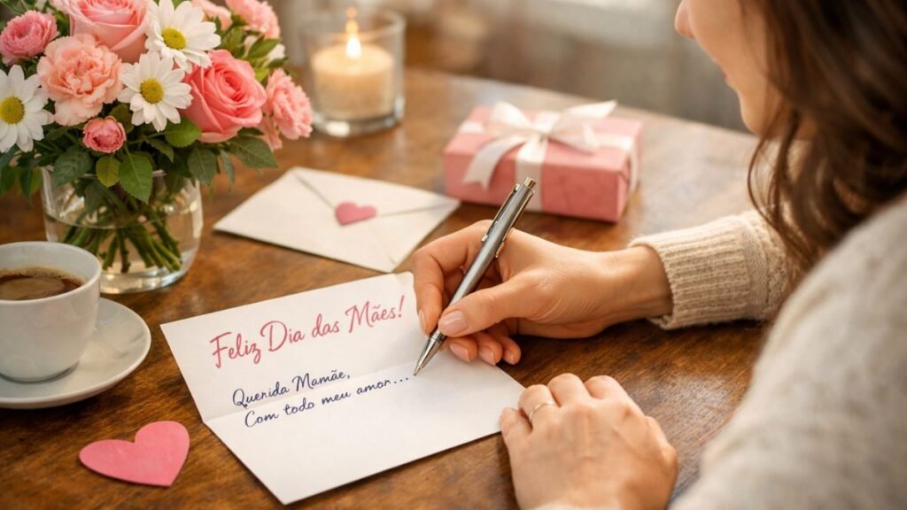 Pessoa escrevendo mensagem para o Dia das Mães em um cartão com flores ao lado