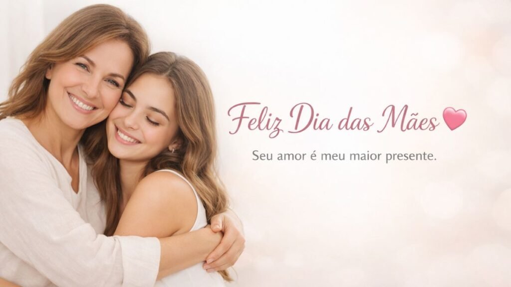 Imagem com frase Feliz Dia das Mães e mãe abraçando filha