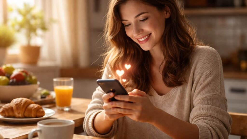Pessoa enviando mensagem de Dia das Mães pelo celular logo pela manhã