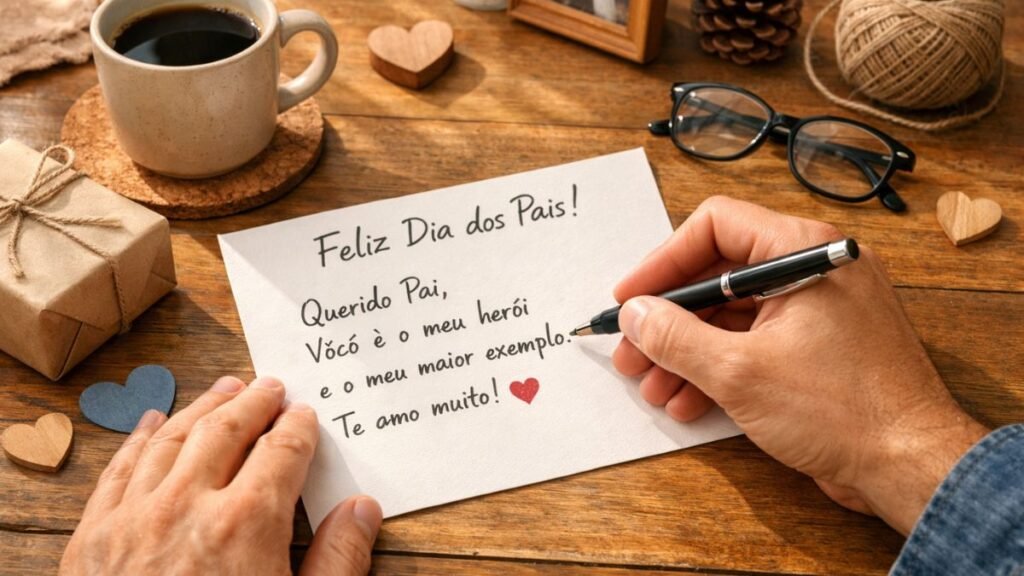 Mensagem para o Dia dos Pais: Frases Emocionantes para Homenagear com Amor 4 Pessoa escrevendo mensagem de Dia dos Pais em um cartão com dedicação