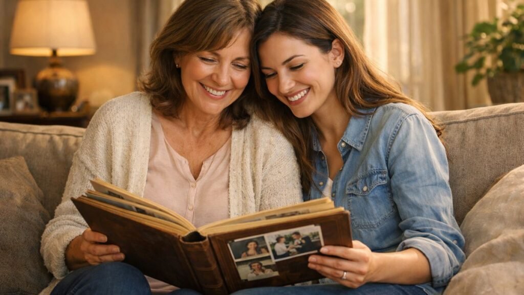 Mãe e filha olhando álbum de fotos juntas em momento emocionante de aniversário.