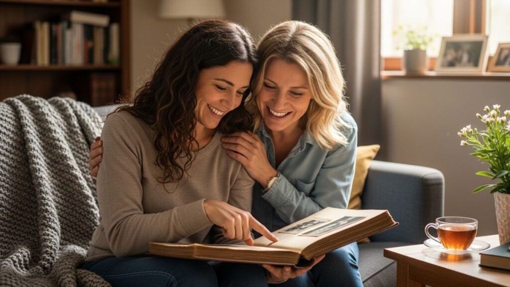 Duas irmãs olhando álbum de fotos juntas em momento emocionante de aniversário.