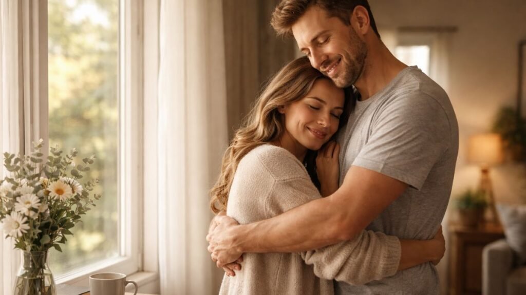 Abraço carinhoso pela manhã representando mensagem de bom dia com carinho.