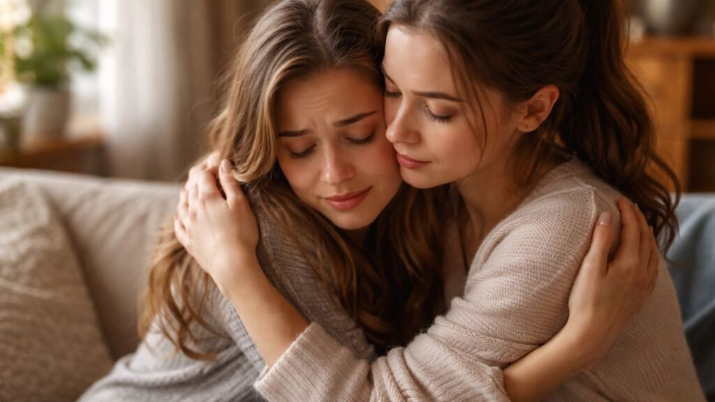 Mensagem para Amiga Especial: Palavras que Tocam o Coração e Fortalecem Laços 3 Amigas se abraçando em momento de apoio e amizade verdadeira