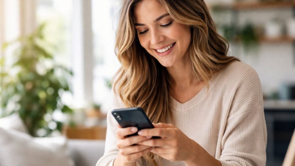 Mensagem para Amiga Especial: Palavras que Tocam o Coração e Fortalecem Laços 6 Pessoa enviando mensagem para amiga pelo celular com sorriso