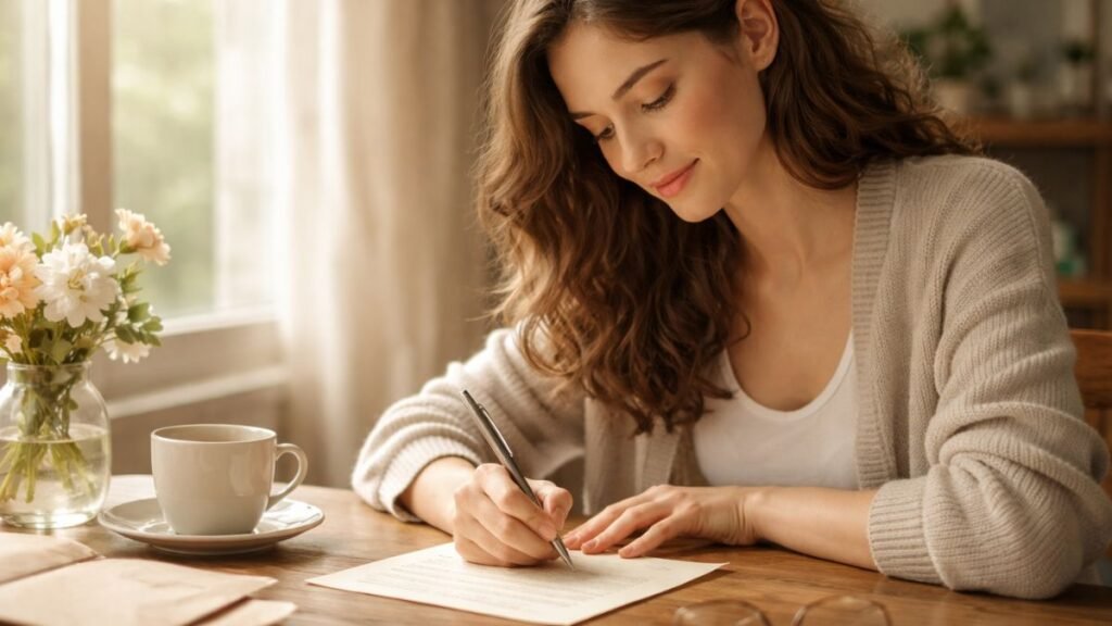 Mensagem para Amiga Especial: Palavras que Tocam o Coração e Fortalecem Laços 4 Pessoa escrevendo mensagem para amiga com carinho e reflexão