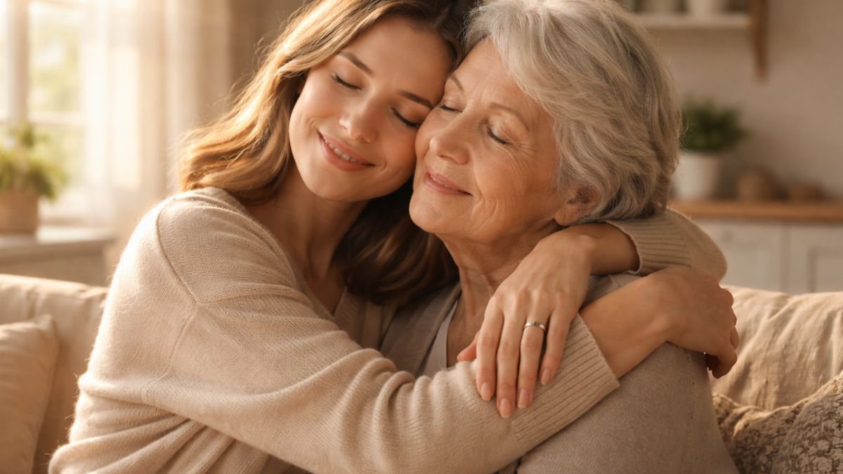 Filha abraçando a mãe com carinho em um momento de amor e gratidão no Dia das Mães