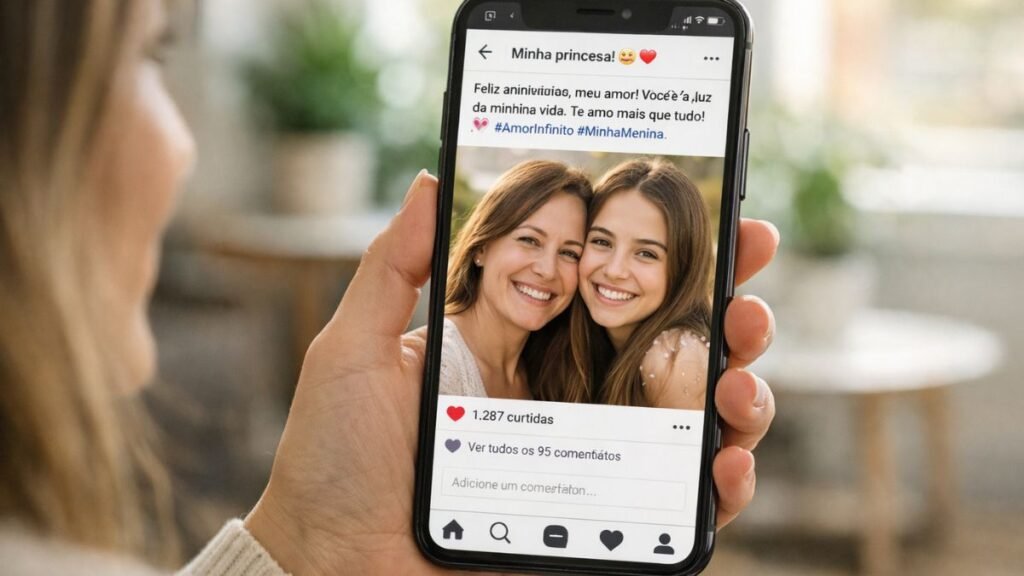 Celular exibindo postagem com mensagem de aniversário para filha em rede social.