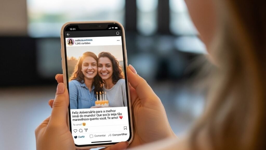 Celular exibindo postagem com mensagem de aniversário para irmã em rede social.
