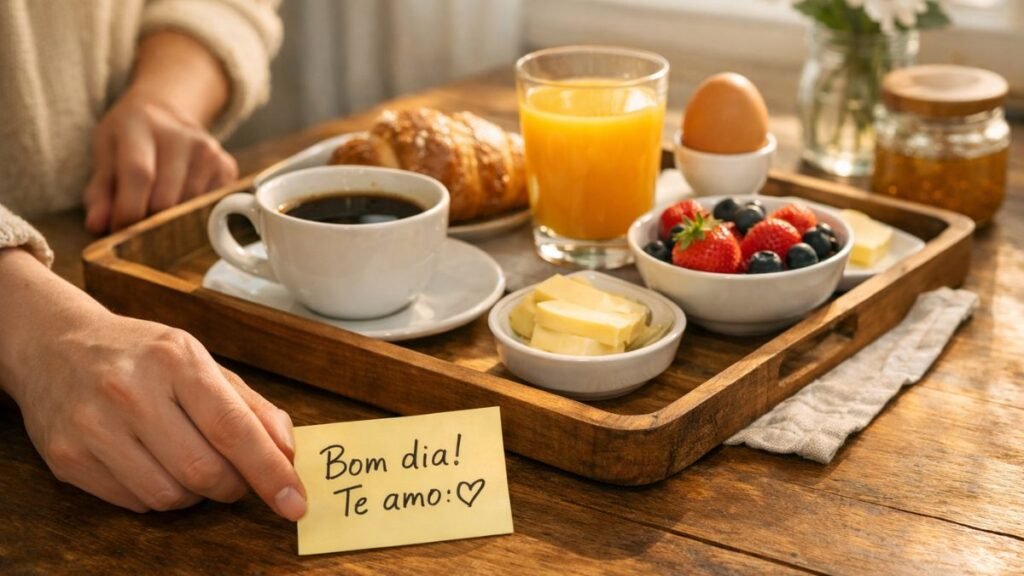 Bilhete com mensagem de bom dia com carinho deixado junto ao café da manhã.
