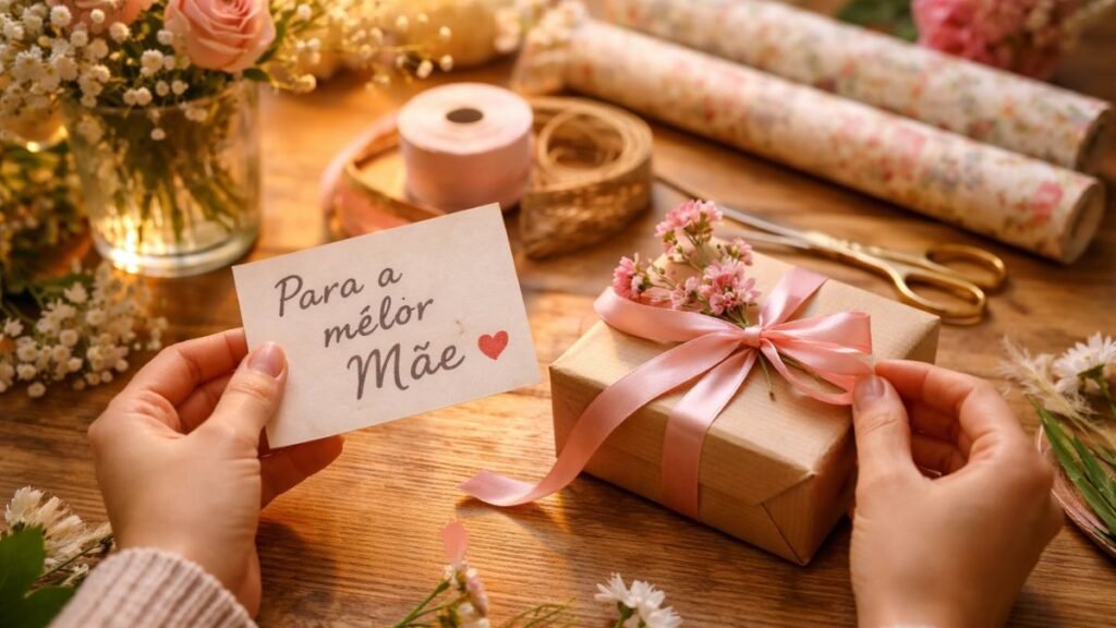 Mensagem para Mãe: Frases Lindas para Emocionar e Demonstrar Amor 7 Preparando presente com mensagem para mãe escrita à mão