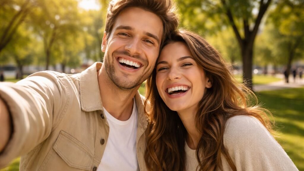 Mensagem para o Dia dos Namorados: Frases Românticas para Declarar Seu Amor 5 Casal feliz registrando momento representando mensagem para o dia dos namorados