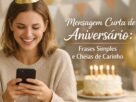 Pessoa sorrindo olhando celular com mensagem curta de aniversário e texto na imagem