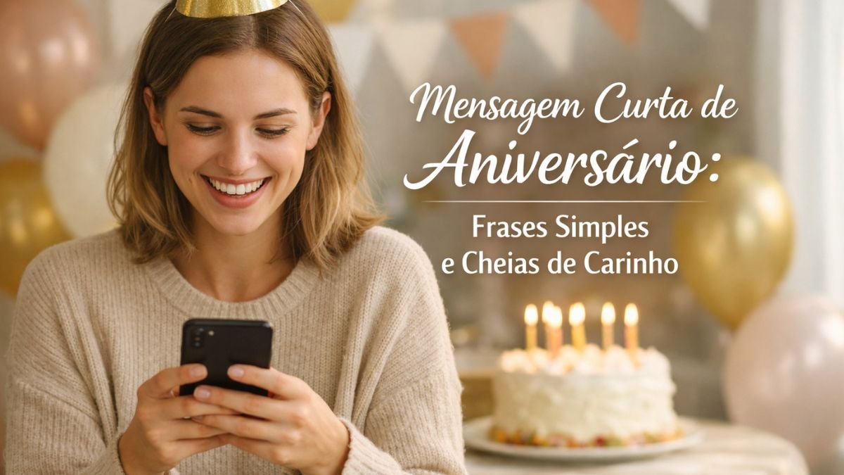 Pessoa sorrindo olhando celular com mensagem curta de aniversário e texto na imagem
