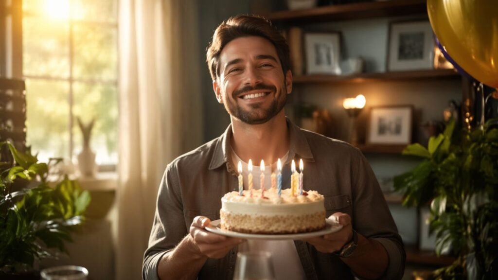 Pessoa comemorando aniversário com energia positiva e inspiradora
