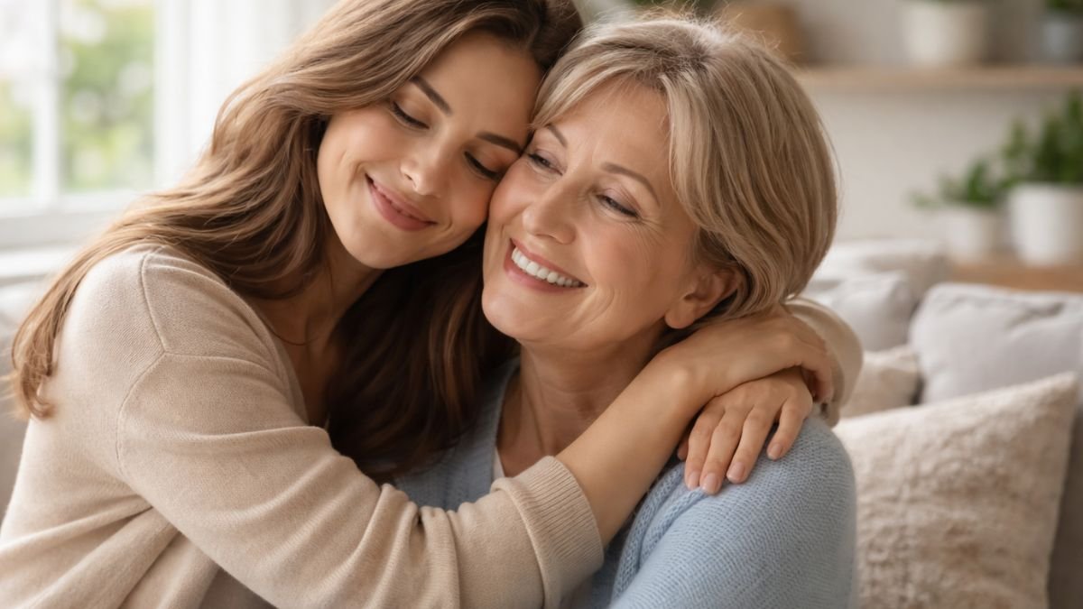 Filha abraçando a mãe com carinho representando mensagem para mãe