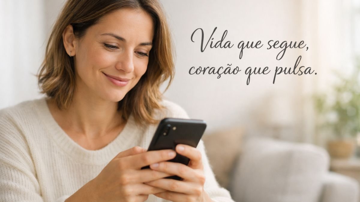 Pessoa sorrindo enquanto escreve mensagem para status no celular com texto sobre frases curtas e impactantes