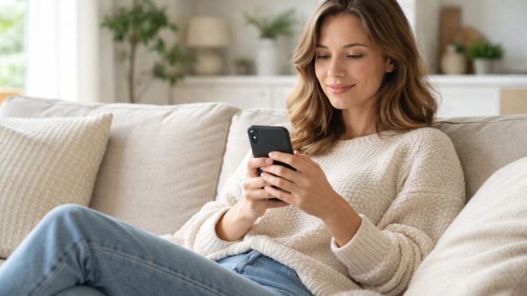 Pessoa relaxando em casa vendo mensagem simples no celular