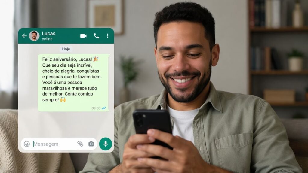 Pessoa enviando mensagem curta de aniversário pelo celular