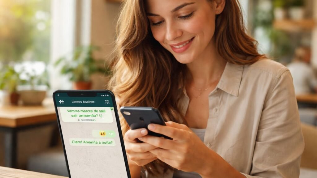 Pessoa enviando mensagem para status pelo celular