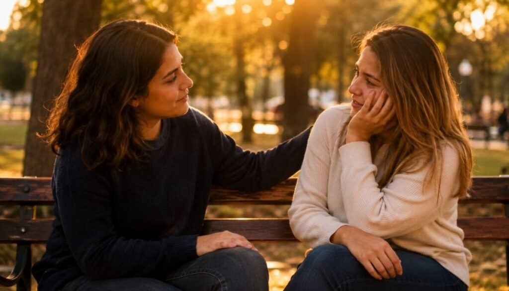 Frases Fortes de Motivação para Superar Desafios 5 Duas pessoas conversando amigavelmente em um parque, demonstrando apoio emocional e empatia.