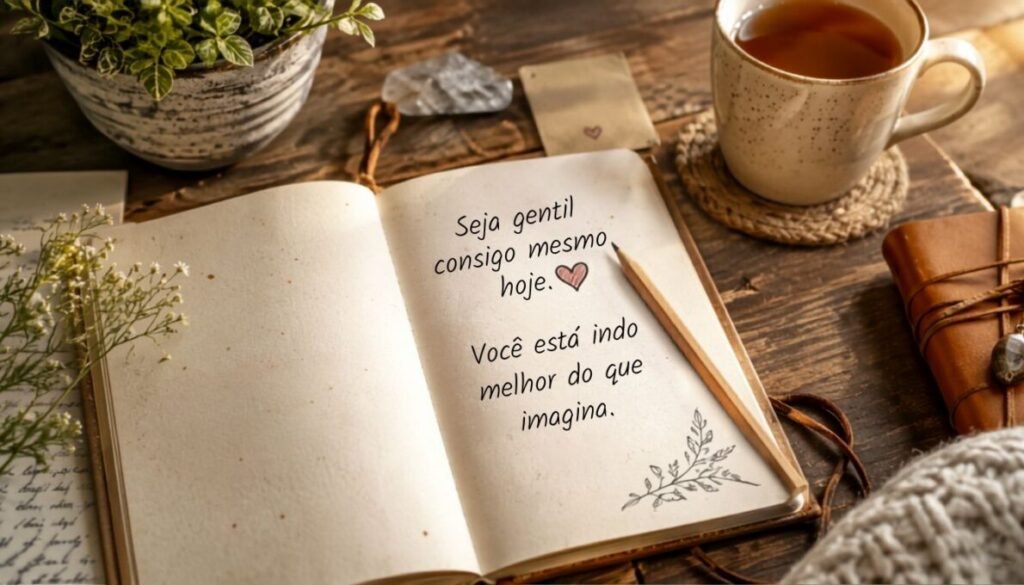 Frases Fortes de Motivação para Superar Desafios 4 Caderno aberto com anotações de frases fortes de motivação sobre uma mesa de madeira acolhedora.