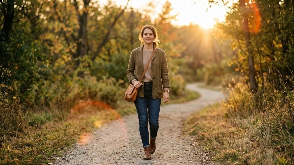 Frases de Autoestima para Acreditar Mais em Si Mesma 3 Mulher caminhando ao ar livre em um final de tarde, expressando autoconfiança e atitudes práticas para fortalecer a autoestima.