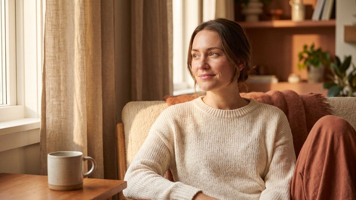 Mulher serena em ambiente acolhedor com luz natural, representando autoconfiança e frases de autoestima para acreditar em si mesma.