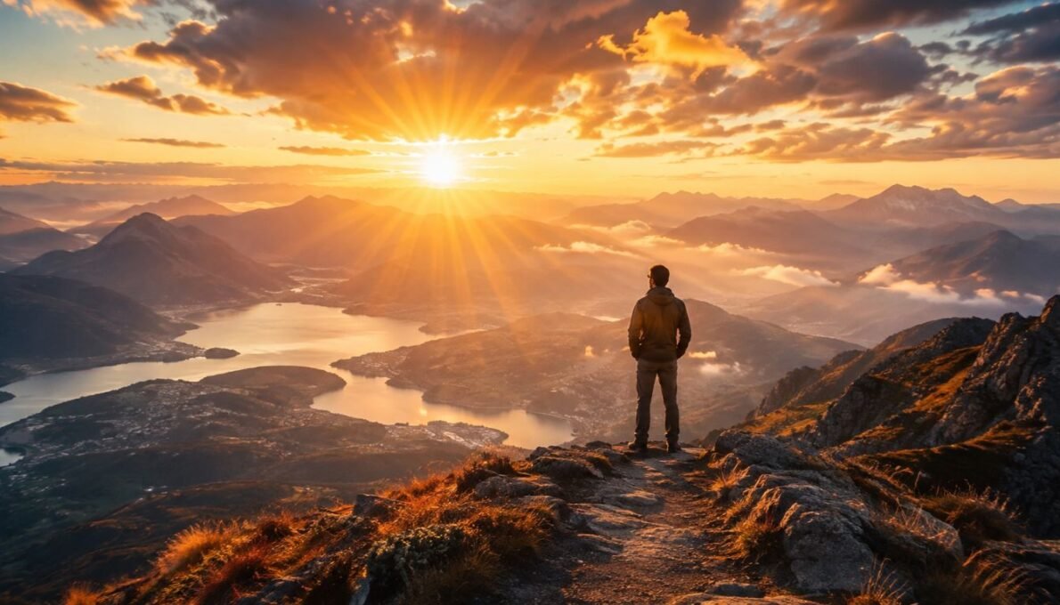 Frases Fortes de Motivação para Superar Desafios 1 Pessoa no topo de uma montanha observando o sol nascer no horizonte, simbolizando frases fortes de motivação e superação de desafios.
