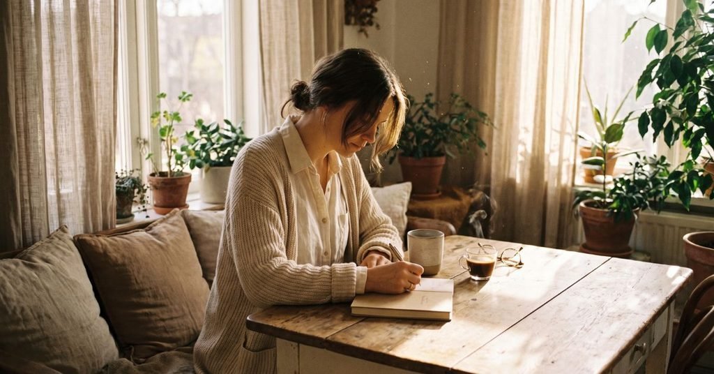 Frases de Autoestima para Acreditar Mais em Si Mesma 2 Mulher escrevendo em um diário ao lado de uma janela iluminada, simbolizando o reconhecimento pessoal e a construção da autoestima feminina.