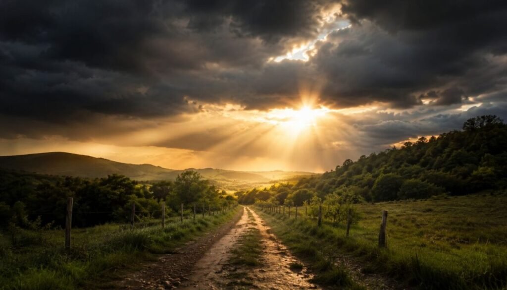 Frases Fortes de Motivação para Superar Desafios 3 Caminho no campo com nuvens escuras se abrindo para dar lugar ao sol, simbolizando a superação de desafios.